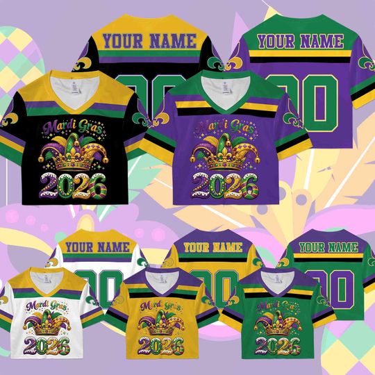 Discover Personalized Mardi Gras Crop Top Football Jersey, Custom Name And Number Football Jersey, Mardi Gras Carnival Jersey, Gift For Family