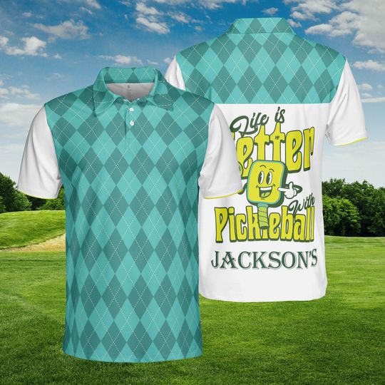 Pickleball Argyle Polo Shirt, Custom Name, Personalized Green Blue Uniform