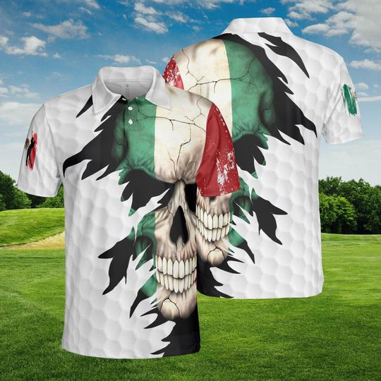 Discover Mexican Skull Polo Shirt, Patriotic All-Over Print, Mexico Flag Gothic, Calavera Design