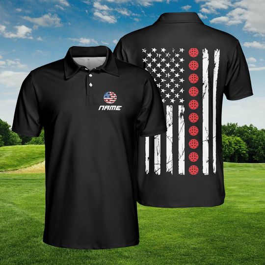 Discover Pickleball USA Flag Polo Shirt, Patriotic Custom Name, American Pride, Pickleballer Gift