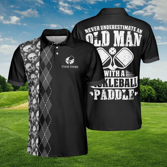 Funny Old Man Pickleball Polo Shirt, Personalized Name, Argyle Skull All-Over Print, Humorous Quote Tee