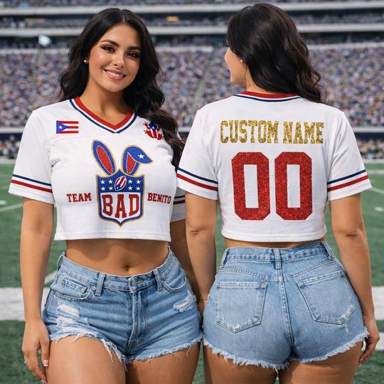 Discover Custom Name Number Benito Bowl Crop Top Football Jersey, Bunny Football Jersey, Gift for Fan, Gift for Women, Super 2026, Bowl Game,Game day