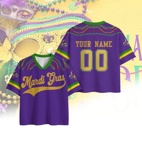 Mardi Gras Jersey, Mardi Gras Shirt, Custom Name Number Jersey, Carnival Outfit, Purple Gold Green Top, Mardi Gras Party Shirt