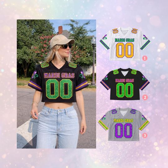 Discover Personalized Glitter Mardi Gras Football Crop Top Jersey, Custom Name And Number Short Sleeve Jersey, Mardi Gras Carnival (Printed Glitter)