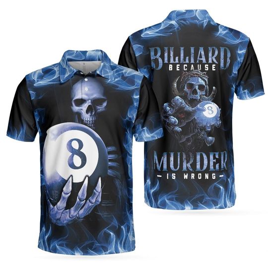 Discover Billiards Murder Polo Shirt, Blue Flame Billiards Shirt Design, Skull Eight Ball Billiards Shirt
