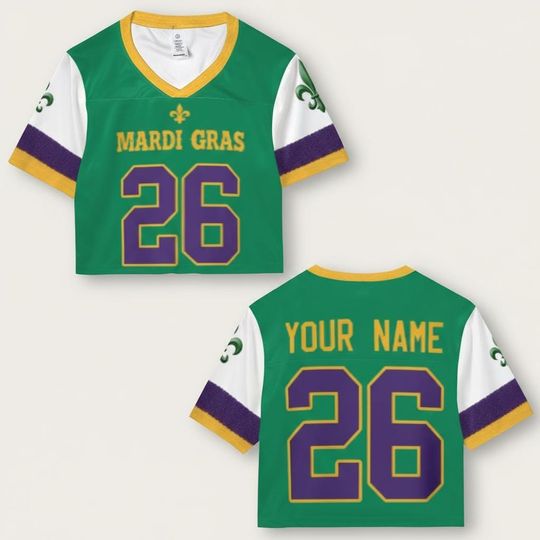 Discover Personalized Mardi Gras Crop Top Jersey, Custom Name Fat Tuesday Crop Jersey, Fleur De Lis Purple Gold Green, Festival Crop Top Gift
