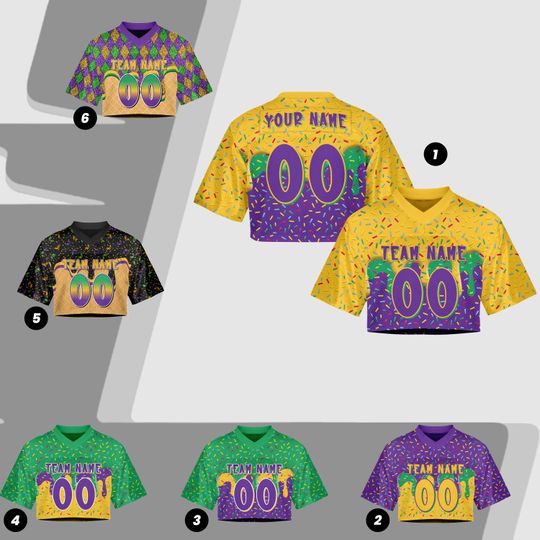 Discover Custom Mardi Gras Cropped Football Jersey Women Girl, Personalized Fat Tuesday Purple Green Gold Jersey, Jersey Uniform for Football Fans