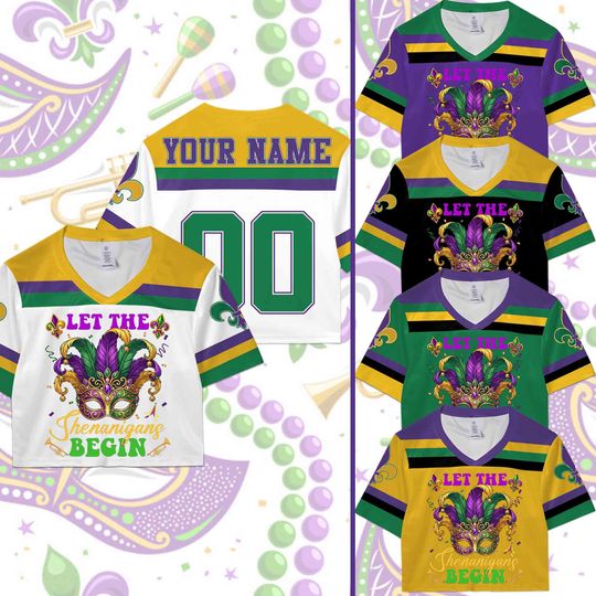 Discover Mardi Gras Crop Top Football Jersey, Custom Name Number Shirt, Let The Shenanigans Begin, Carnival Game Day Top
