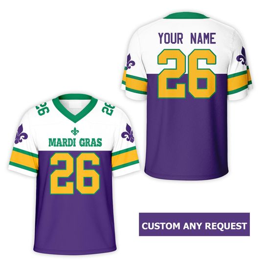 Discover Personalized Name Mardi Gras Kids Adult Football Jersey, Custom Fat Tuesday Fleur De Lis Football Jersey Mardi Gras Festival Outfit For Fans