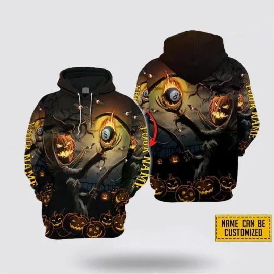Discover Personalized Billiards Pumpkin Halloween Scary 3D Hoodie, Gift for Friends