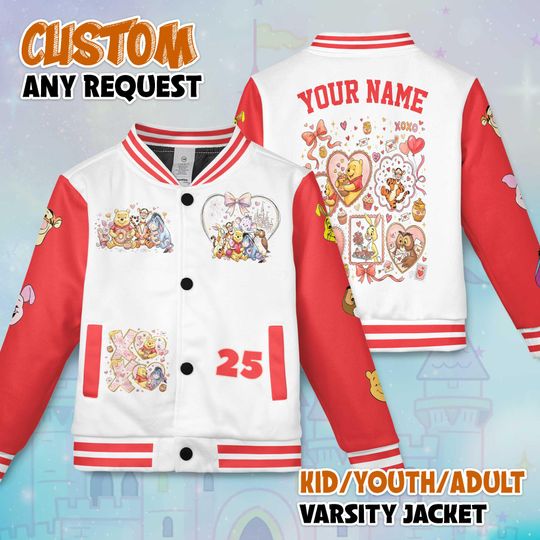 Discover Custom Winnie the Pooh Valentines Day Varsity Jacket, Personalized Winnie the Pooh Baseball Shirt, Valentine Gift