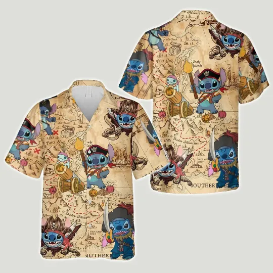 Discover Little Pirate Ohana Stitch It's Time For Hunting Treasure 3D HAWAII SHIRT Xmas