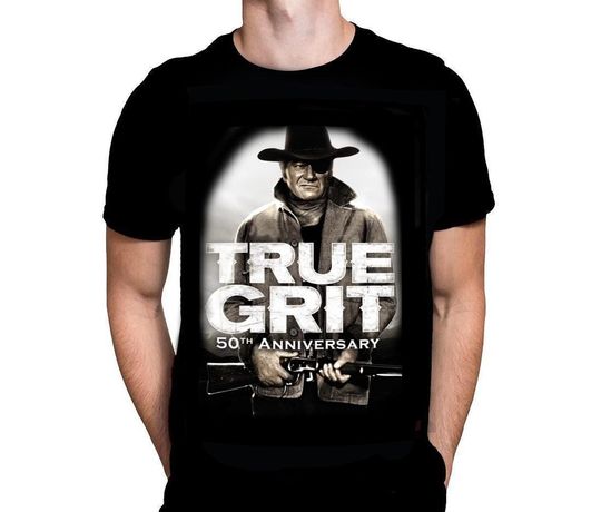 Discover True Grit - Mens Black Cotton T-Shirt - JohnWayne - Oversized Print