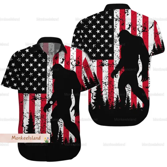 Discover Halloween Bigfoot Sasquatch Bigfoot American Flag Hawaiian Shirt