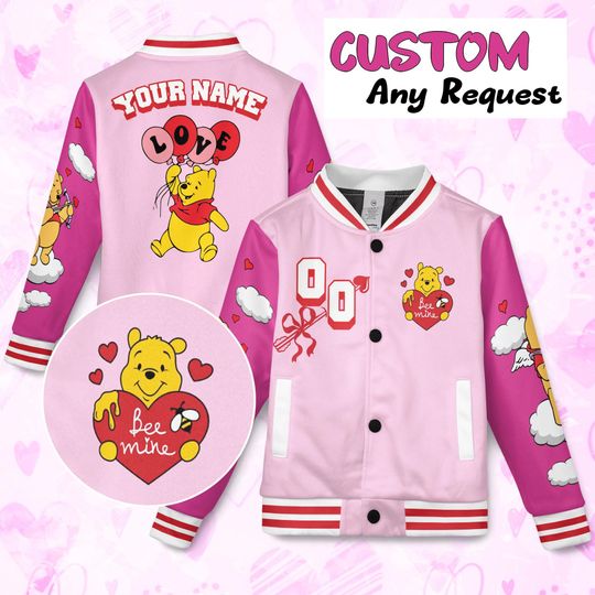Discover Custom Winnie The Pooh Valentine Kids Youth Adult Baseball Jacket, Aldult Unisex Varsity Baseball Jacket