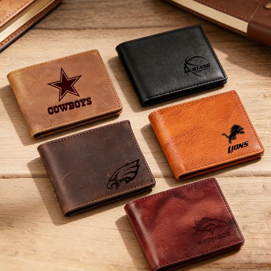 Discover Leather Bifold Wallet - Football Team Fan Gift for Husband, Boyfriend, Dad