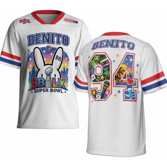 Discover Benito 94 Football Jersey, Puerto Rico Team Jersey, White Football Jersey Shirt, Red Blue Striped Jersey, Fan Apparel Gift, Sports Jersey