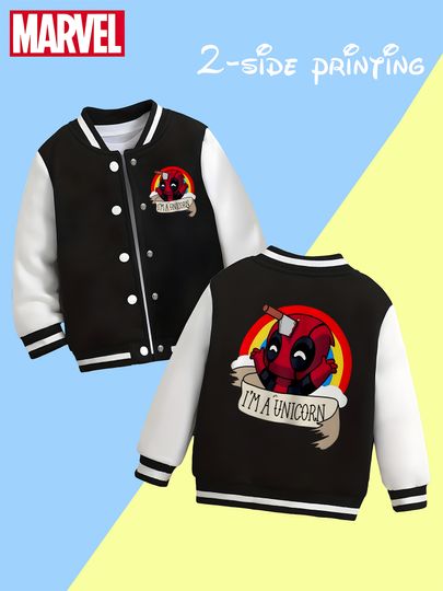 Discover MINISO Marvel Boys' Baseball Jacket - Deadpool's fun "Unicorn" double-sided pattern, soft fabric