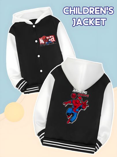 Marvel Boys' Baseball hooded Jacket - Spider-Man "THE AMAZING" reversible graphic, soft fabric