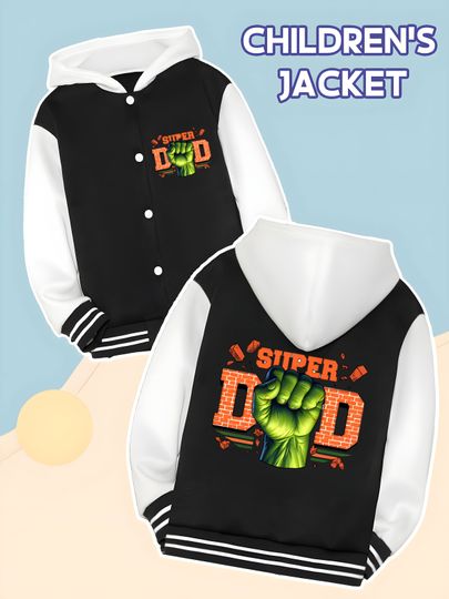 Marvel Hulk Super Dad Boys Baseball Jacket - Hulk fist "SUPER DAD" print, double-sided to show strength and fun, trendy d