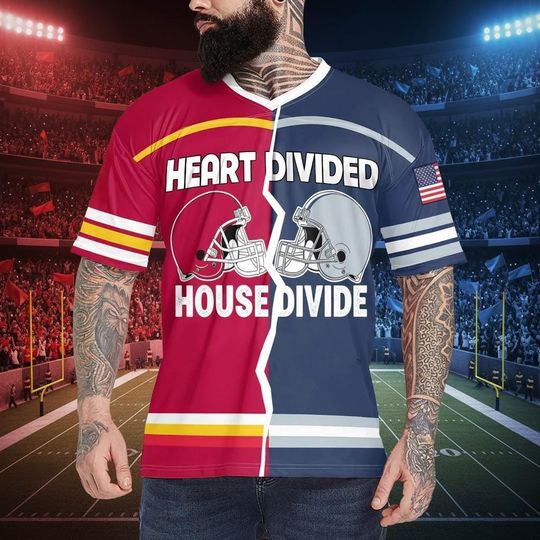 Discover Custom Two Football Team Shirt, Heart Divided Football Jersey, House Divided Shirt