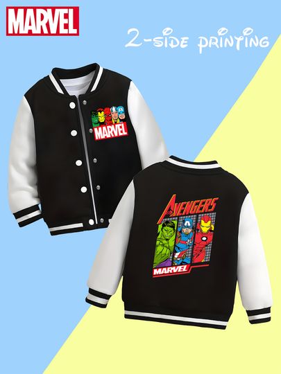 Discover MINISO Marvel Boys Baseball Jacket - Avengers Heroes Array Print, Double-sided Pattern Design, Soft and Comfortable Fabric, Fash