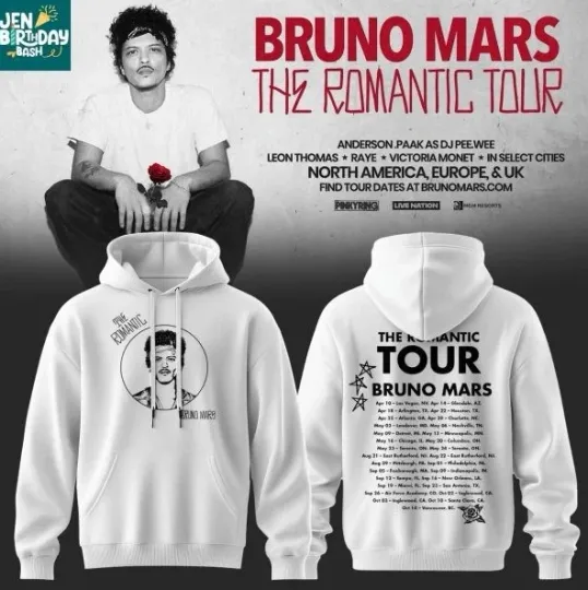 Discover Bruno Mars The Romantic Tour 2026 Celebration Hoodie Men Women 3D Graphic Hooded
