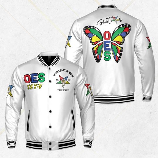 Custom OES Sister Bomber Jacket, 1874 Varsity Style White Coat with Butterfly Back, Chapter Name, Number & Your Name, Eastern Star Gift