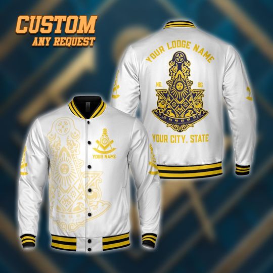Discover Personalized Masonic 3D Baseball Jacket | Custom Lodge Name & City | Past Master Varsity Jacket.
