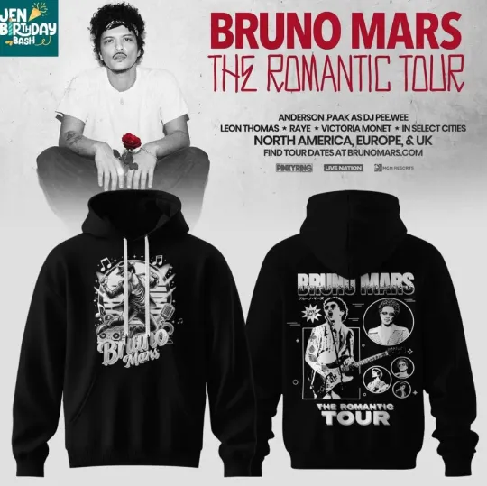 Discover Bruno Mars The Romantic Tour 2026 Double Sided Hoodie