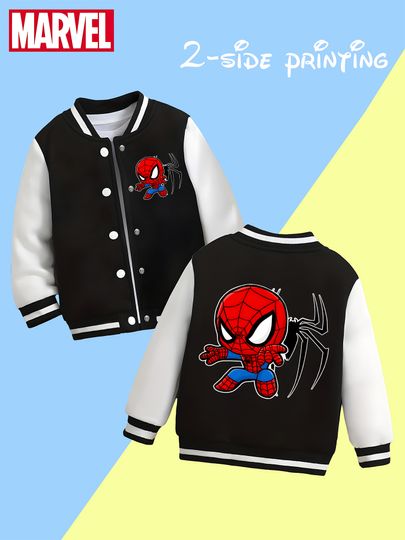 Discover Marvel Boys' Baseball Jacket - Spider-Man dynamic styling, double-sided pattern, soft fabric