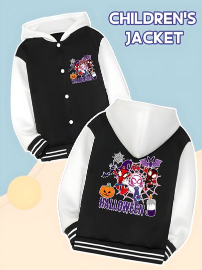 Marvel Spider-Man Halloween Collection Boys' Baseball Jacket - Halloween-themed prints featuring Spider-Man and other cha