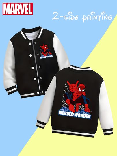 Discover Marvel Boys' Baseball Jacket - Spider-Man "WEBBED WONDER" Double-sided Graphic, Soft Fabric