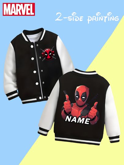 Discover Marvel boys' baseball jacket - Deadpool's funny thumbs-up print, double-sided to show fun images, a must-have for school