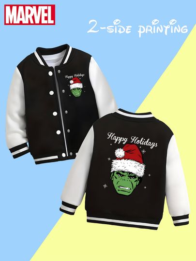 Marvel Hulk Christmas Boys Baseball Jacket - Hulk wearing a Christmas hat, "Happy Holidays" conveys the festive atmospher
