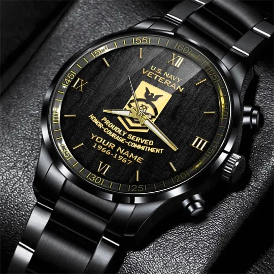 Personalized US Navy Veteran Black Stainless Steel Watch For Men