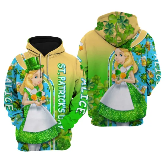 Discover Alice In Wonder Land St Patrick's Day Shamrocks Gold Coins 3D Hoodie