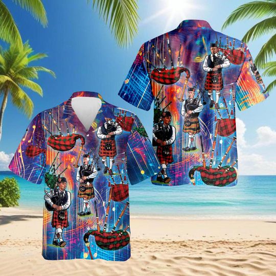 Discover Scottish Bagpipe Hawaiian Shirt, Celtic Musician Gift, Tartan Bagpipes Summer Shirt, Scottish Pride Festival Outfit