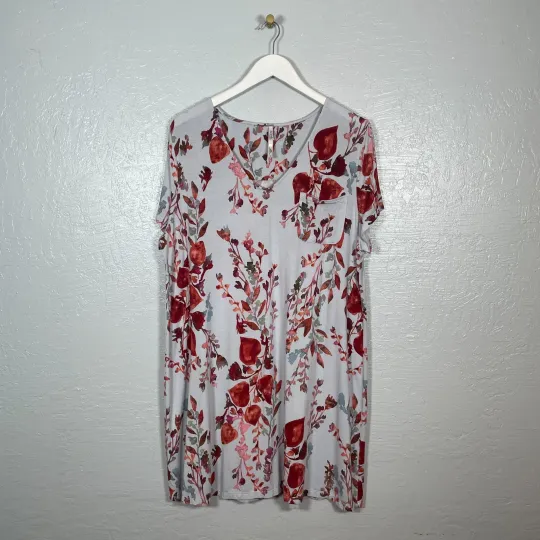 Discover Soma Women XL Gray Red Floral Cool Nights Nightgown Sleep Shirt Short Sleeve