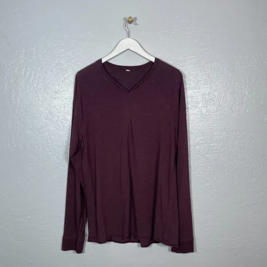 Discover Lululemon Men L Maroon Red Shirt V Neck Henley Long Sleeve Stretch Athleisure