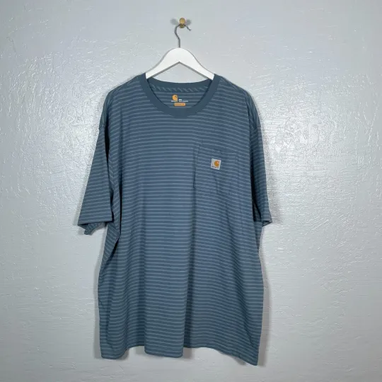 Discover Carhartt Men 2XL Blue Stripe Heavyweight Shirt Short Sleeve Pocket Original Fit