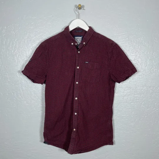 Discover Superdry Men M Black Red Gingham Ultimate Oxford Shirt Short Sleeve Modern Fit
