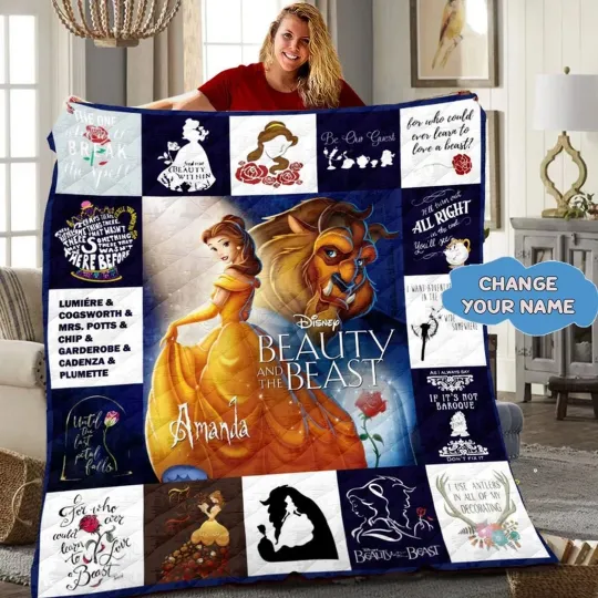 Discover Personalized Happy Valentine's Day Beauty And The Beast Quilt, Cartoon Quilt, Gift For Kids