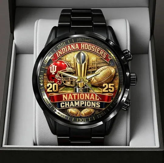 Discover Indiana Hoosier Football 2025 National Champions Black Stainless Steel Watch