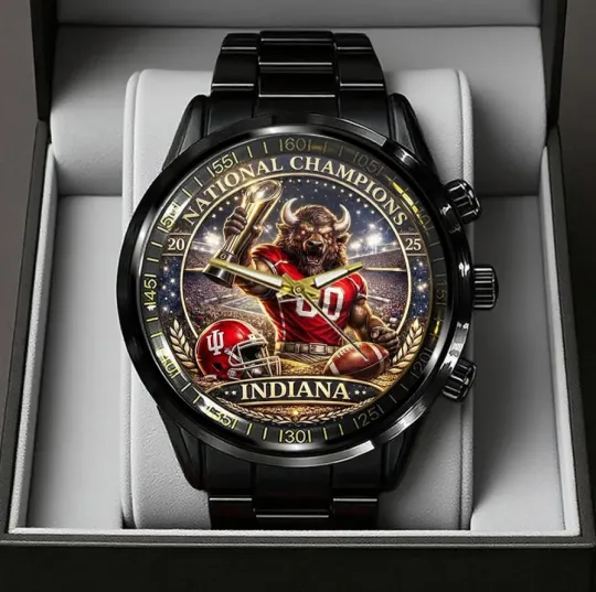 Discover Indiana Hoosier Footbal 2025 National Champions Black Stainless Steel Watch