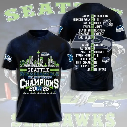 Discover Seattle Seahawk Nfc West Division Champions 2025 3D Printed T-Shirt