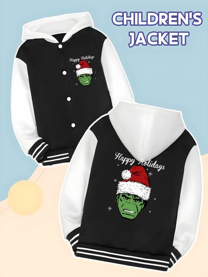 Marvel Hulk Christmas Boys Baseball Jacket - Hulk wearing a Christmas hat, "Happy Holidays" conveys the festive atmospher