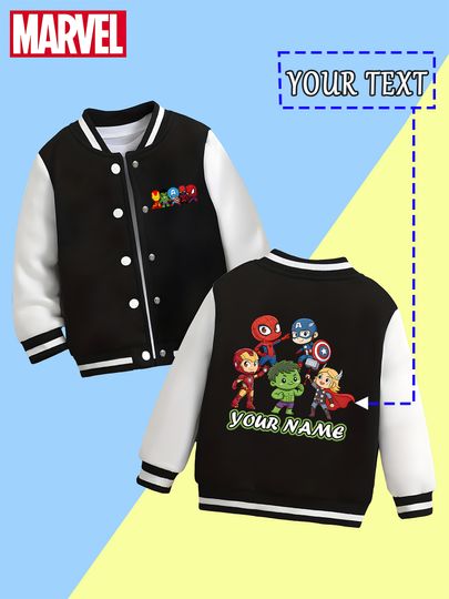 Discover Marvel Boys Baseball Jacket - Avengers Q-version heroes line up, cute and united, perfect for parent-child outings and sc