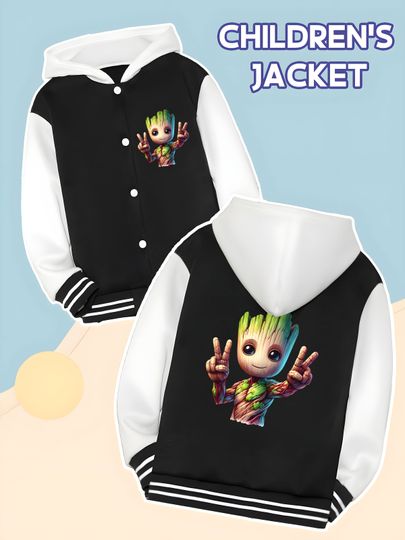 Discover MINISO Marvel Groot Boys' Baseball Jacket - Groot's cute "Ye" logo, double-sided print, full of cuteness, soft fabric, super cut