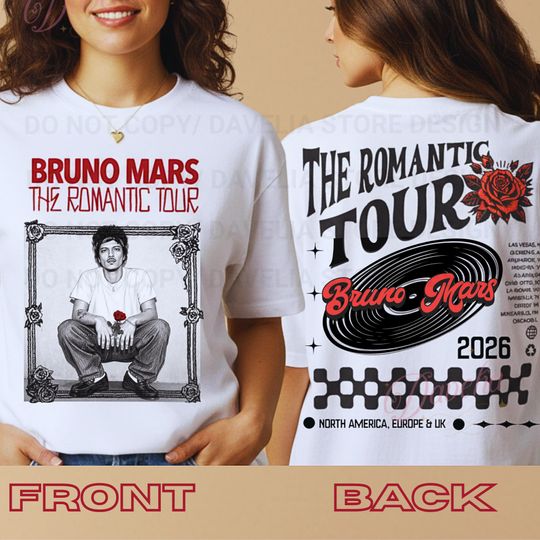 Discover Bruno Mars Romantic Tour T-Shirt 2026 | Tour Dates Back | Two-Sided